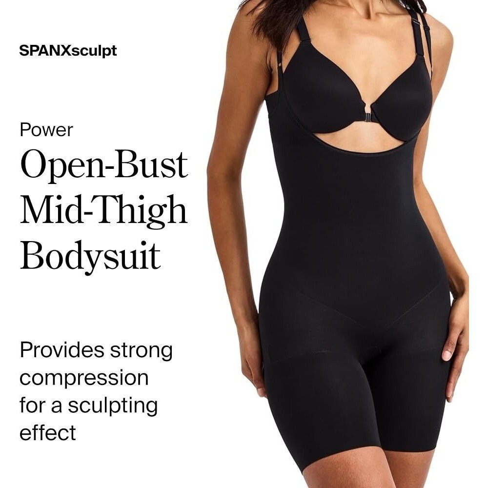 Spanx Power Series Open-Bust Mid-Thigh Bodysuit in Very black Large RN 112121